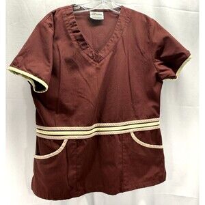 Reina Womens Contrast Trim Reddish-Brown Scrub Top Size Medium